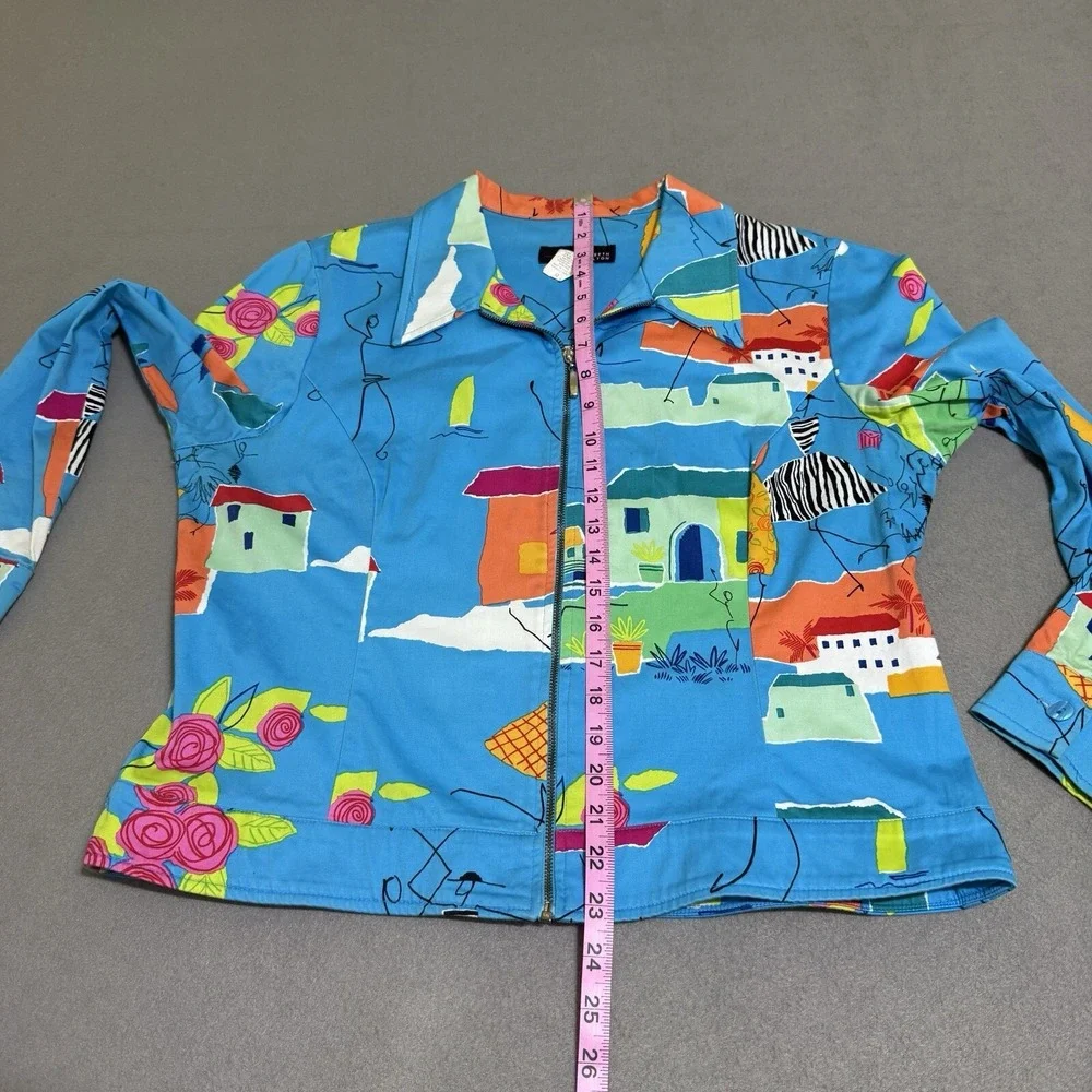 Vtg Women's Jacket Coat Sz 12 Funky Art To Wear Full Zip Houses Boats Travel 90s